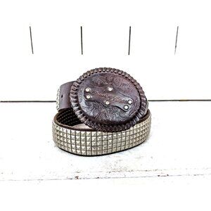 Vintage brown silver studded faux leather western buckle belt